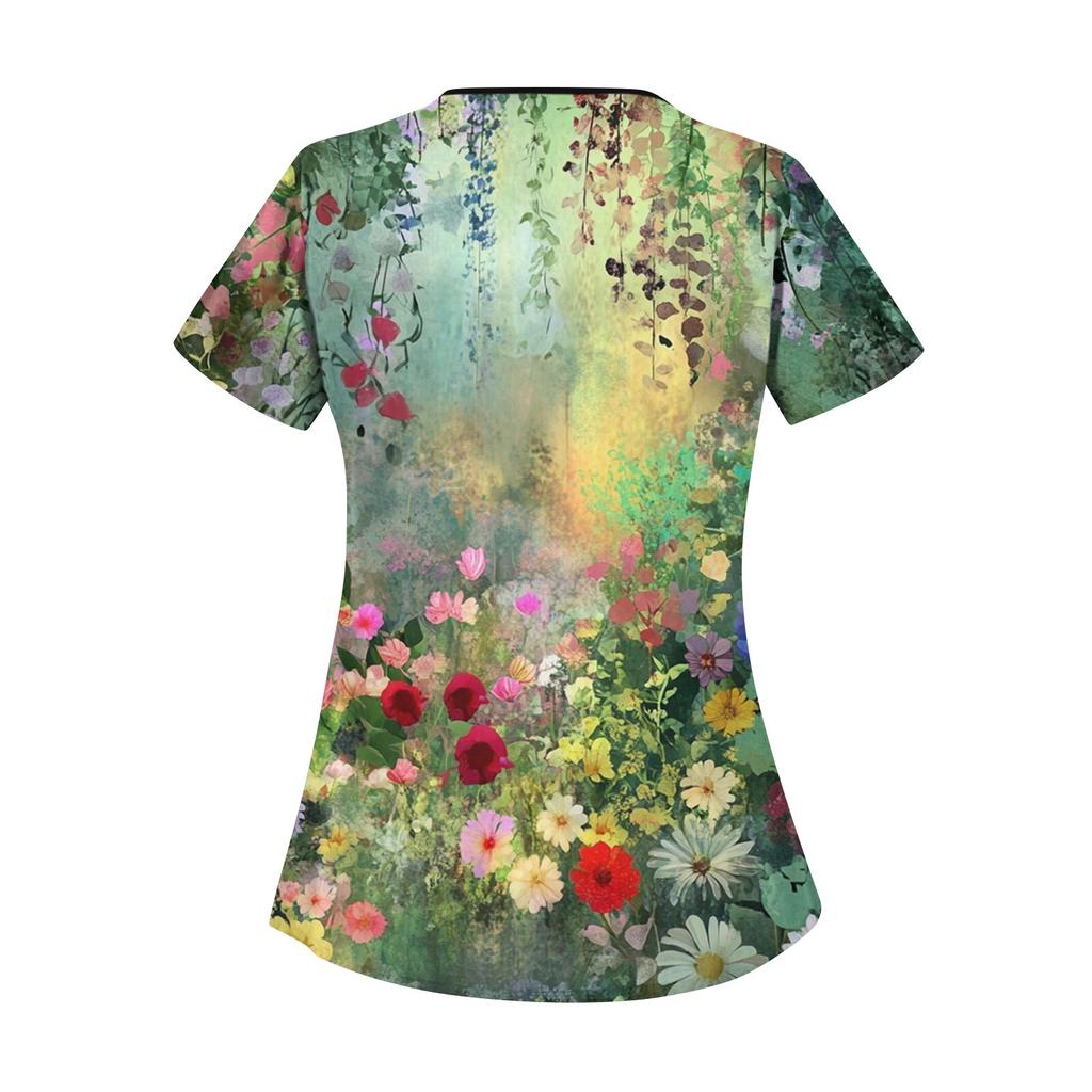 Women's Casual  Print Short Sleeve Sloping Collar Workwear Top With Double Pockets