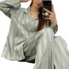 2 Pcs/Set Women Spring Summer Pajama Set Striped Silky Ice Silk Lapel Long Sleeve Loose Single-breasted Wide Leg Homewear Shirt Pants Set Sleepwear