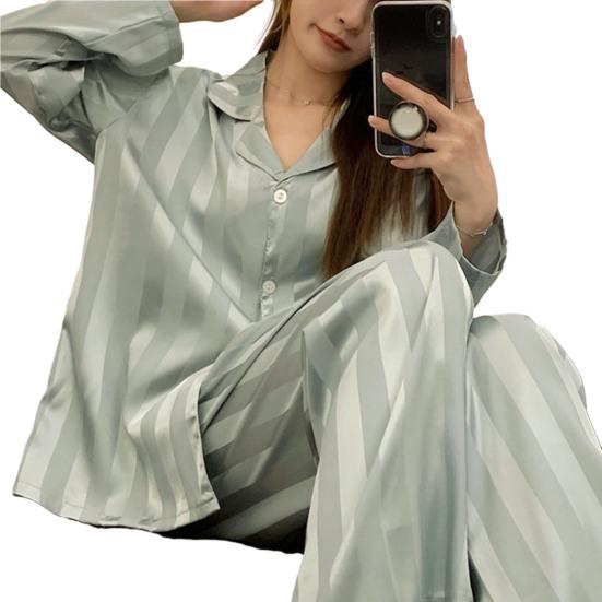 2 Pcs/Set Women Spring Summer Pajama Set Striped Silky Ice Silk Lapel Long Sleeve Loose Single-breasted Wide Leg Homewear Shirt Pants Set Sleepwear
