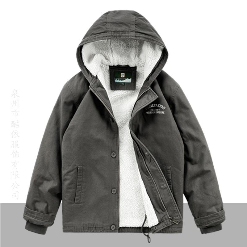 Winter Padded Jacket Men's Plus Velvet Padded Padded Jacket Hooded Lamb Fleece Jacket