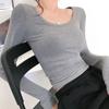 Black Base Shirt Basic Low Cut Long Sleeved Tight Fitting U-neck T-shirt Autumn/winter Women's Top
