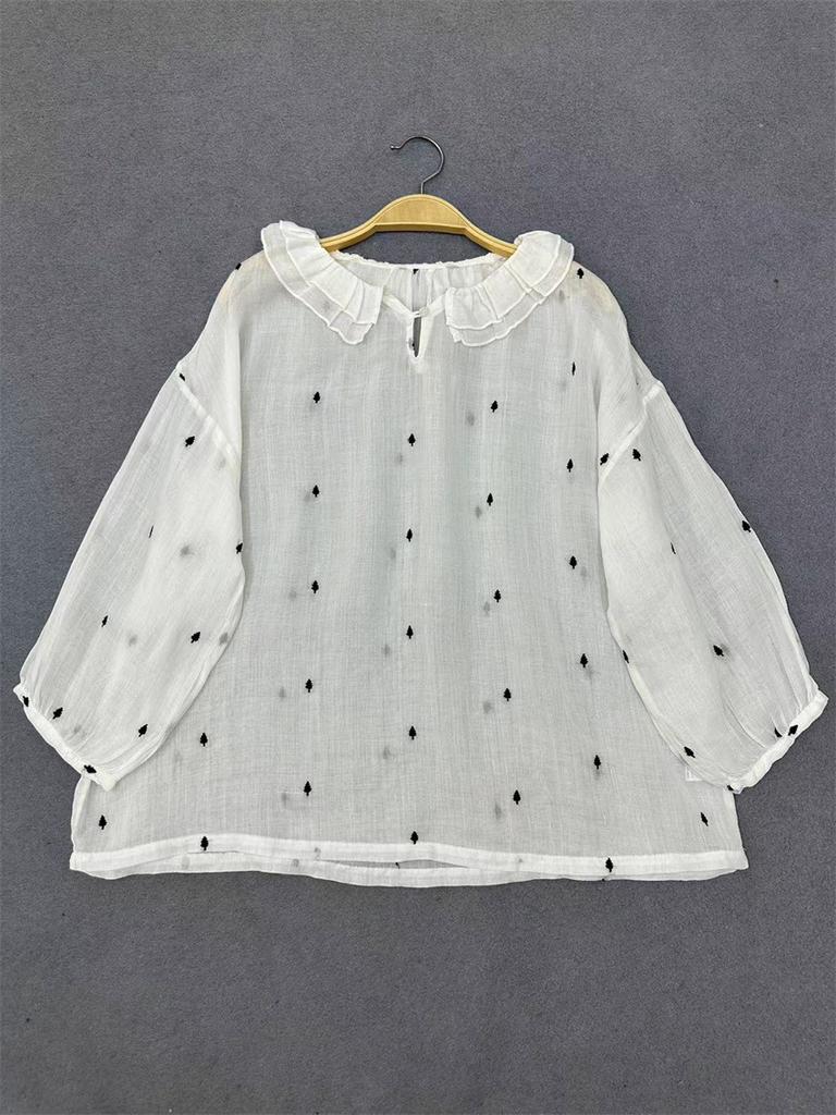 Johnature Summer Embroidered Ruffle Collar Shirts Women Casual Loose Versatile Thin Vintage Tops