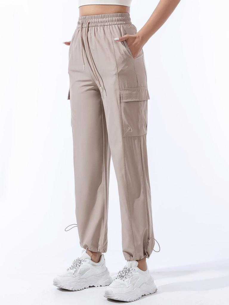 Women's Quick-Dry Summer Cargo Pants - Tapered, Breathable, Loose, Cuffed, Wide-Leg, Elastic, Thin Style for Running and Sport Activities.
