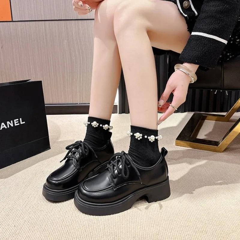 Fashion Solid Leather Oxford Shoes for Women Fashion Lace Up Women Shoes Square Mid Heels Platform Shoes Zapatos De Mujer