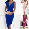 Lady Women Bodycon Dress Ruffles V Neck Elegant Sheer Mesh Solid Color Irregular Hem Dress