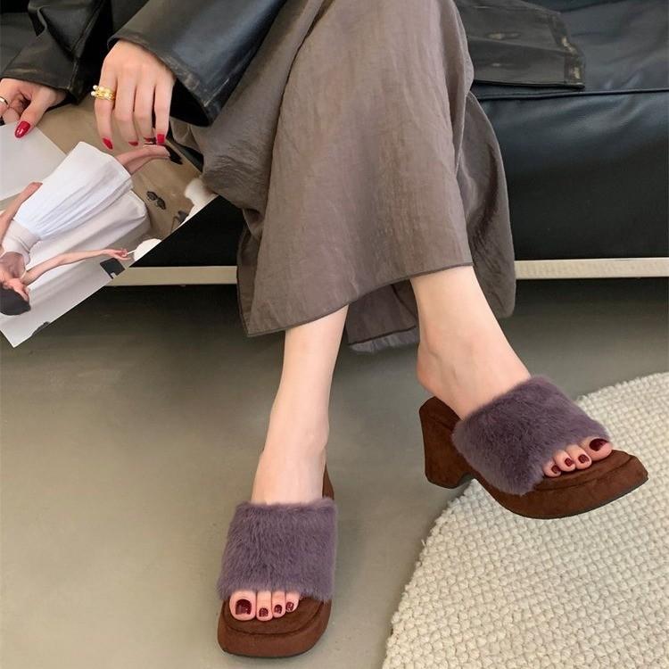 French Fashion Leopard Print Thick High-heeled Cotton Slippers Women's 2025 Autumn and Winter New Gentle Square Head One-word Fluffy Slippers