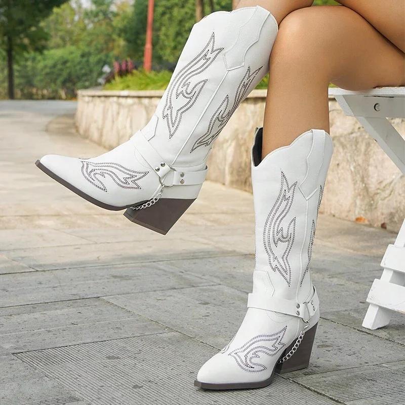 Fashion 2025 Spring Retro Cowboy Boots Women Mid Calf Western Boots Woman Pu Leather Knight Booties Big Size Point Toe Waterproof Boots