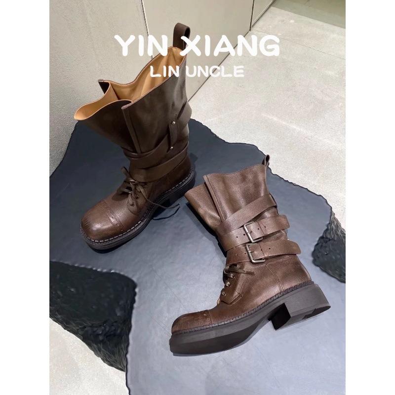 Cowhide Thick-soled Thick-heeled Retro Leather Martin Boots Women's 2025 New Medium Tube Thin Boots Belt Buckle Locomotive Boots