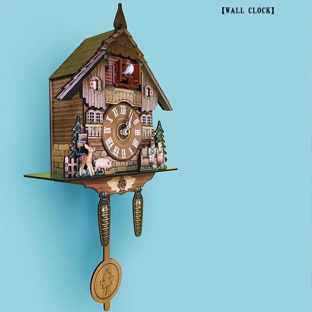 New Clock Wall Wooden Wood Pendulum Vintage Clocks Cuckoo Kids Bird Hanging Retro 3D Chiming Decor Forest Silent Decorative Room