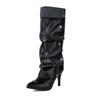 PU Autumn Winter Shoes Pointed Toe Stiletto Thin High Heels Metal Rivets Keep Warm Fashion Knee Boots