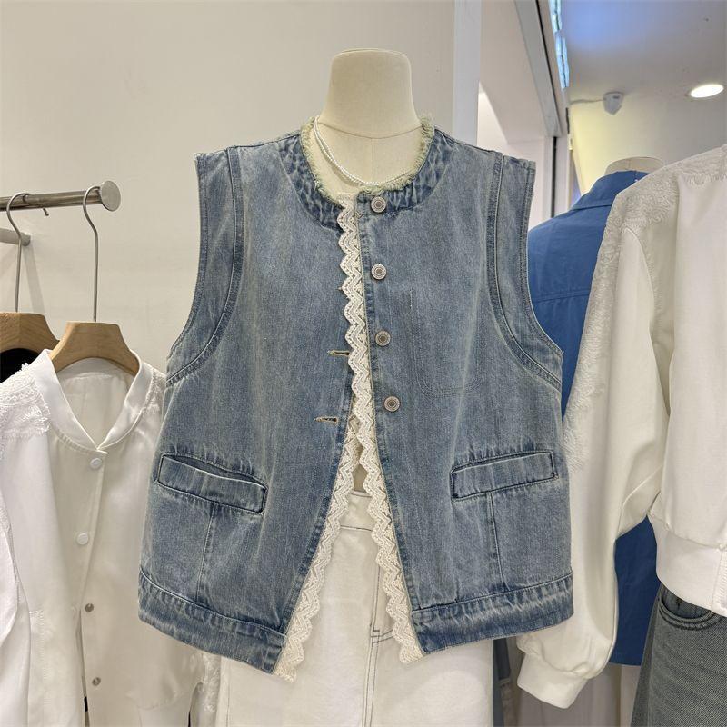 Vest for Women Cotton Lace Vintage Sleeveless Jacket Women Casual Vests Sleeveless Tops Denim Vest