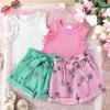 Girls Fashion Suit Summer Kids Casual Lace Top + Printed Shorts with Belt Suit