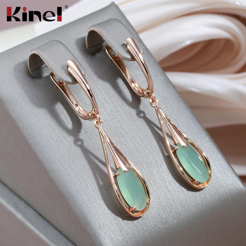 Kinel Lake Green Zircon Long Dangle Earrings For Women Water Drop Stone Earrings