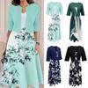 2 Pcs/Set Women Coat Dress Set Half Sleeve Solid Color Cardigan Floral Print V Neck Sleeveless A-line Dress Formal Commute Style Lady Midi Dress Set