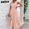 Women's Fashion Summer Spring Solid Color Print Short Sleeve V-Neck High Waist Casual Dresses