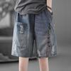 Summer Thin Elastic Waist Artistic Loose Slimming Shorts Casual Five Quarter Jeans Plus Embroidery Ripped Four Quarter Pants
