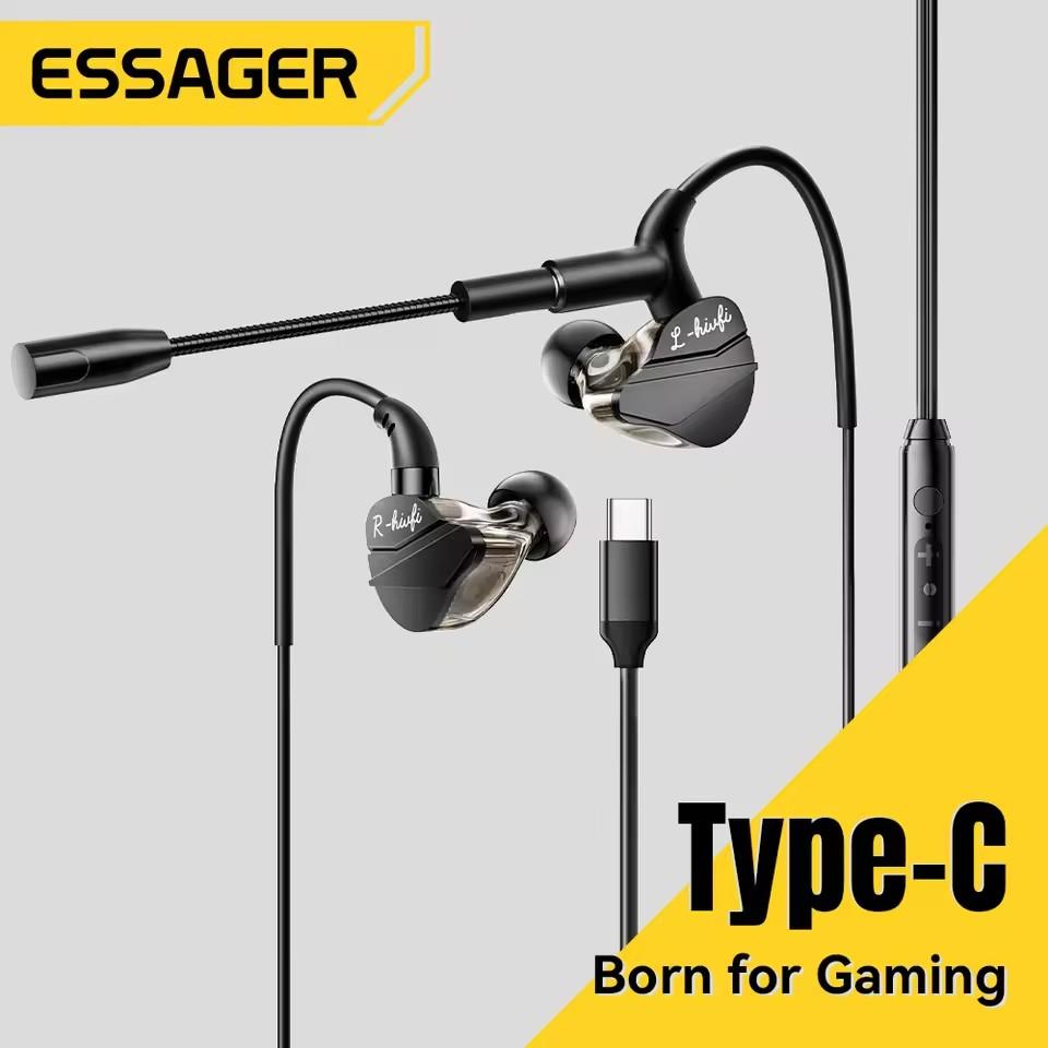 Essager USB Type C in-Ear Headset Wired Earphones For iPhone 16 Samsung Android HiFi Bass Stereo Games With Mic 3.5MM Headphones