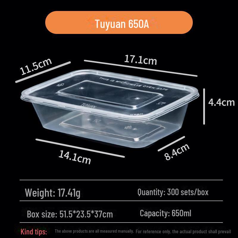 Tuyuan Rectangular Disposable Plastic Lunch Box with Lid - Microwave Safe, Transparent, Thickened for Takeaway.