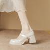 Mary Jane High Heels with Pearl Square Head Patent Leather Temperament Thick Heel Platform Single Shoes