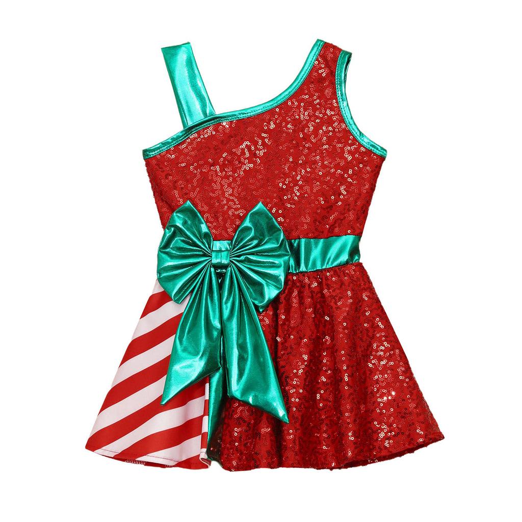Girls Christmas Shiny Sequin Sleeveless Dress Ballet Dance Leotard Dress Christmas Party Performance Costume