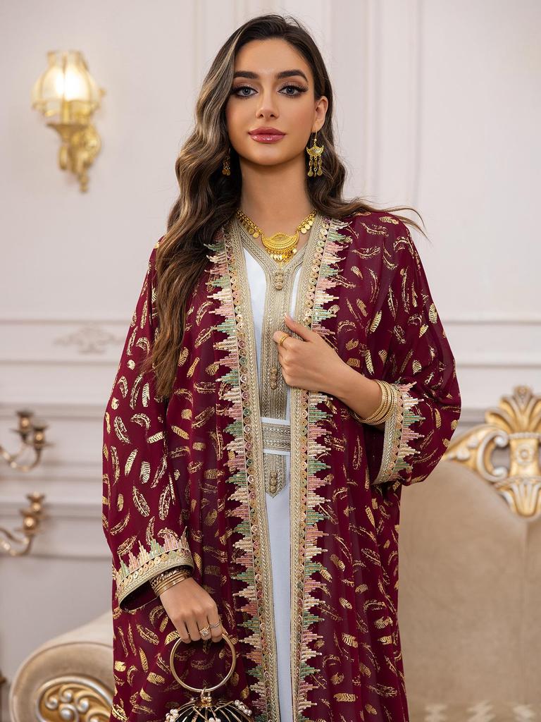 AB454 Women's Plus Size Dubai Chiffon Abaya Set - Three-Piece Middle Eastern Cardigan Long Dress with Hot Stamping