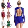 Women's Figure Skating Dress - Sheer Mesh Long Sleeves Backless with Rhinestones & Asymmetrical Hem for Dance
