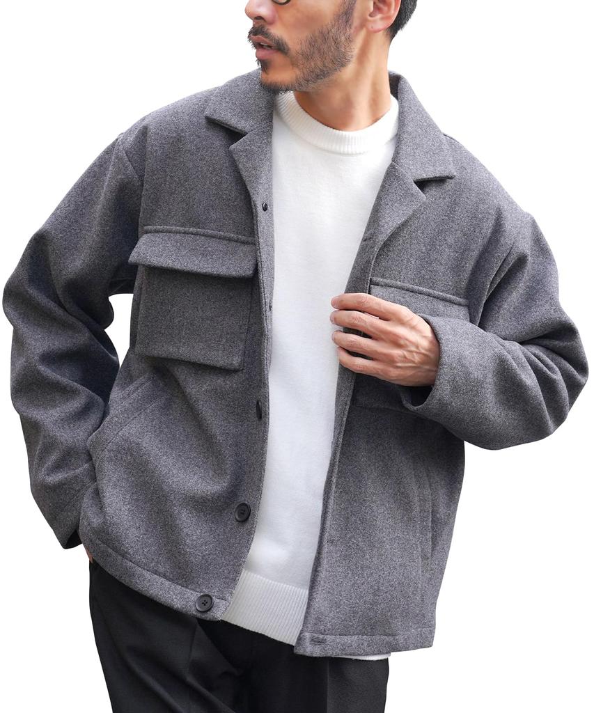 Shop Tech Melton Lining Fleece Jacket XL Mixed Gray Jacket Casual Open Collar Short Length Stretch Elastic Military Pocket Outerwear Autumn Clothes