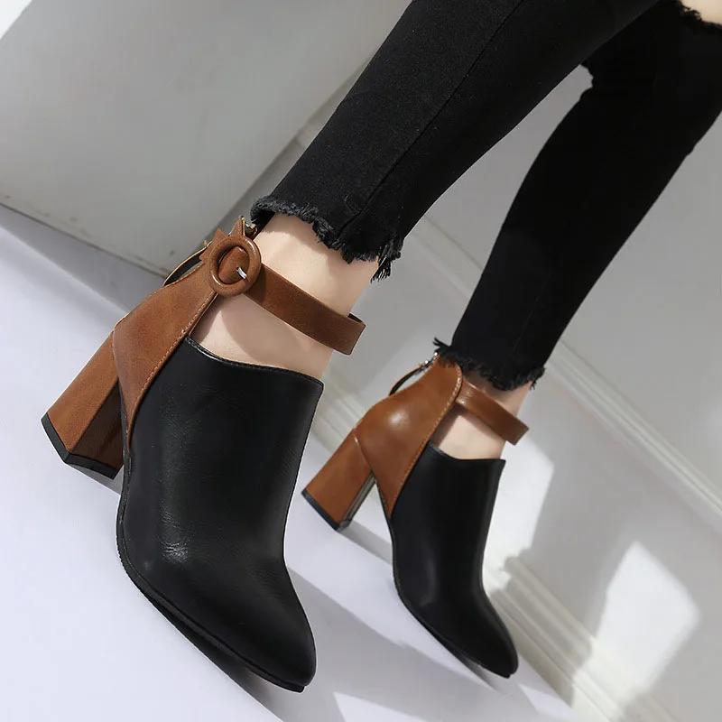 Women Ankle Boots Black Chunky High Heel 7CM Color Matching Buckle Bota Back Zip Casual Female PU Learther Botines Chelsea