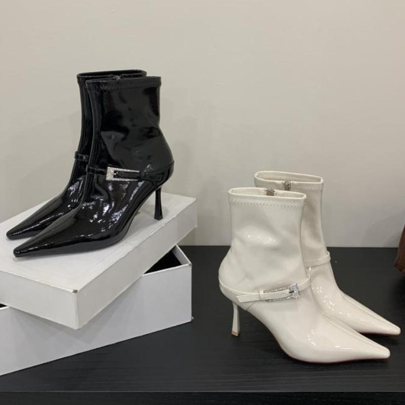 Luxury Crystal Buckle Design Sexy Pointed Toe Women's Ankle Boots Patent Leather Side Zipper Short Boots Ladies Banquet Heels