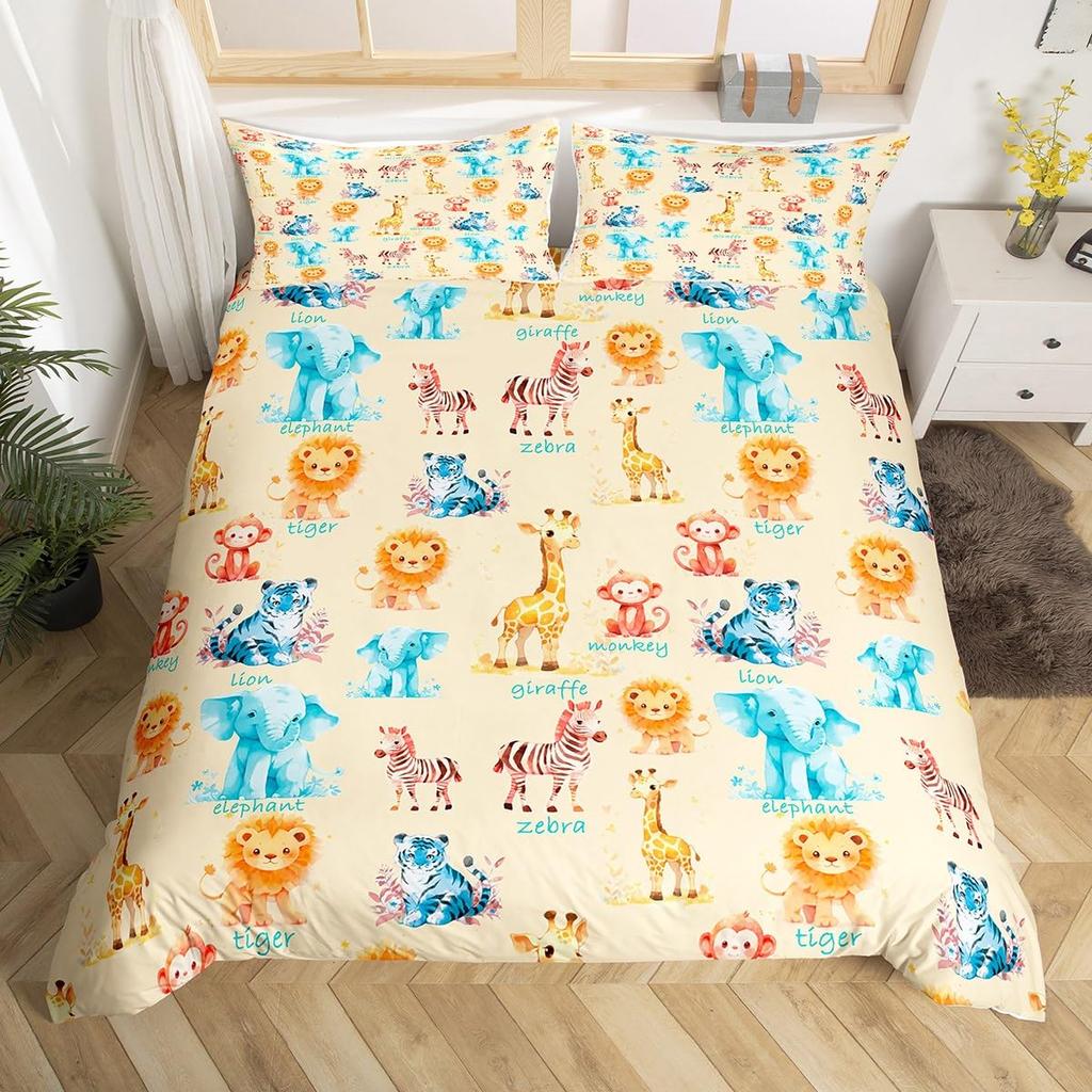 Cartoon Animals Duvet Cover Cute Giraffe Monkey Tiger Elephant Bedding Set Lovely Wildlife Comforter Cover Polyester Quilt Cover