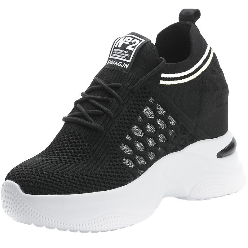 High Heeld Wedge Breathable Women's Shoes Summer New Black White Shoes Hidden Wedges Heel 8cm Casual Lace Up Platform Increase Sneakers Woman