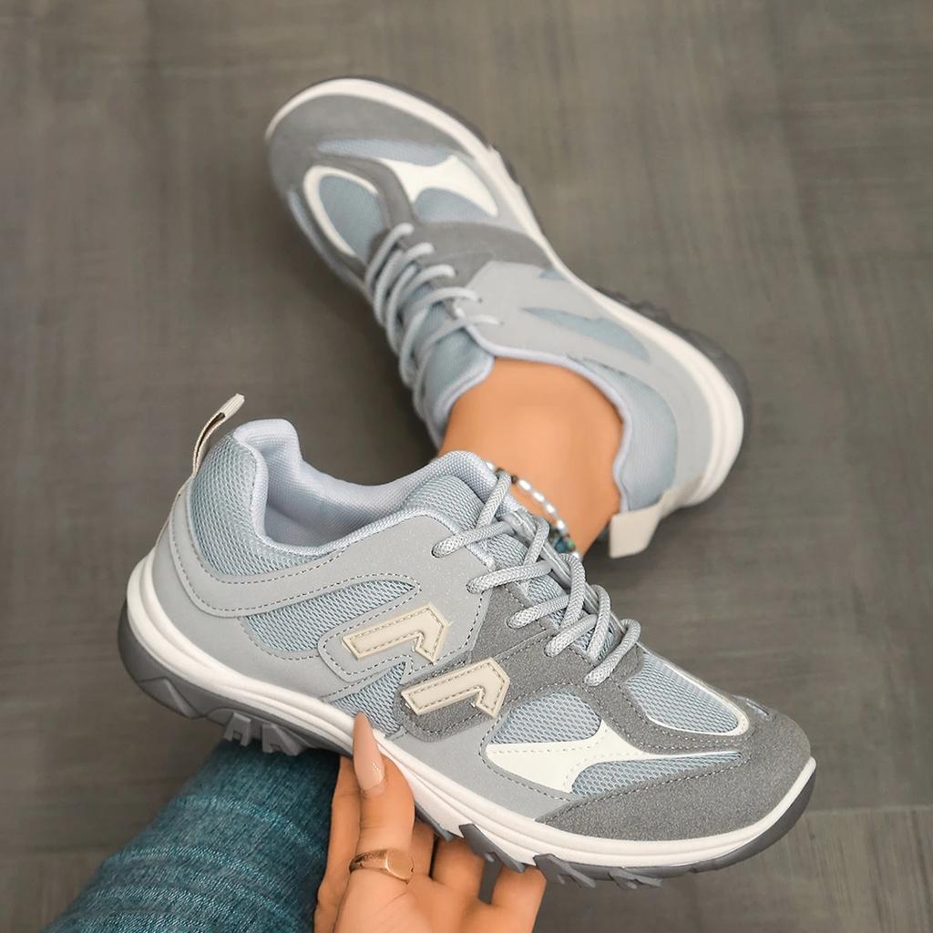 Fashion Gray Yellow Mix Color Non Slip Hiking Shoes Women Autumn Breathable Lace Up Sneakers Comfort Soft Sole Sports Shoes