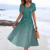 Women's Summer Casual Fashion Print Pocket Short Sleeve V-Neck Swing Dress