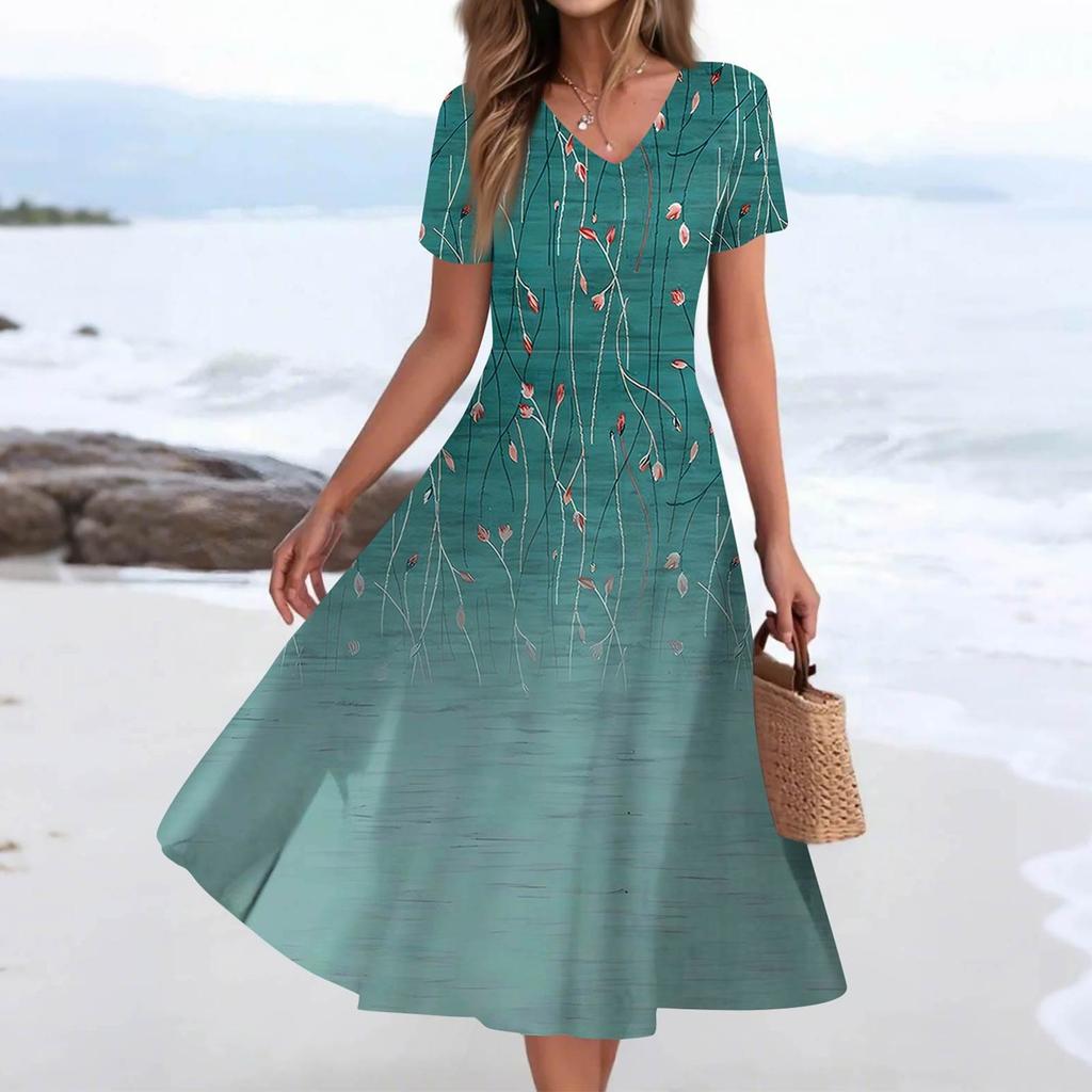 Women's Summer Casual Fashion Print Pocket Short Sleeve V-Neck Swing Dress