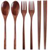 AOOSY Wooden Spoon, Fork, and Chopsticks (6-Piece Set, 2-Piece Set) - Natural Wood Tableware Set, Carved from a Block of Wood, No Glue, with Natural