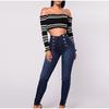 High Waist Casual Denim Pants Women's Elastic Multi-Buckle Trendy Double-Row Jeans Long Trousers Comfortable Stretchy Ladies