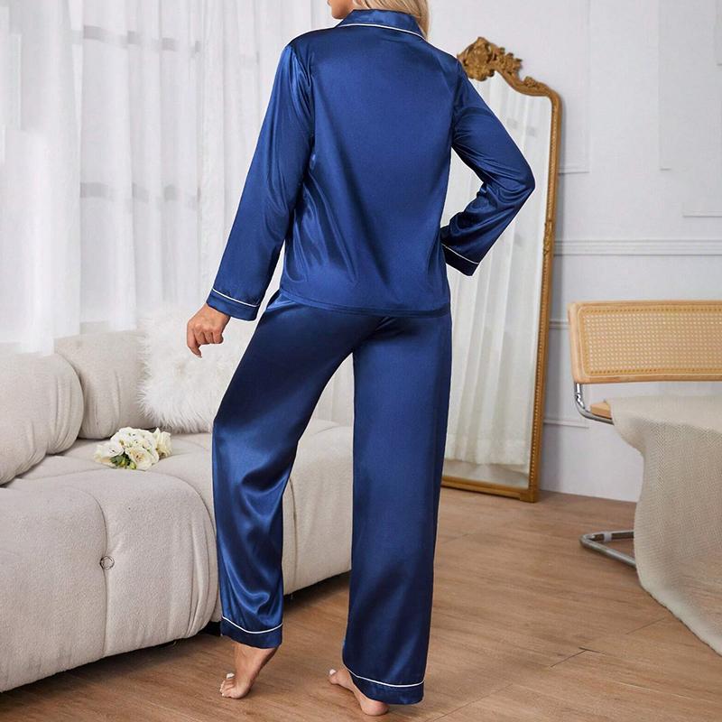 Women's Sleepwear Simple Satin Pajama Set Long Sleeve Buttons Lapel Top with Elastic Pants Loungewear Nightwear