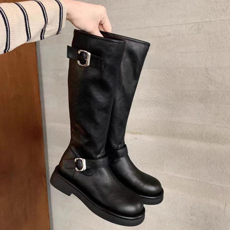 Grape Mother Autumn and Winter New Polish Pictorial~ Fashion Round Head Buckle with Thick Heel But Knee High Boots Knight Boots Women