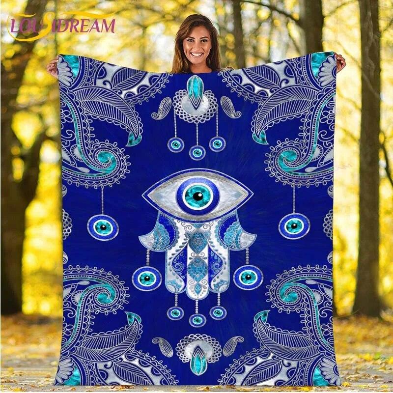 Evil Eye Blanket Turkish Nazar Spiritual Art Blanket Vintage Mid Century Flannel Blanket Sofa Chair Throw Blanket Travel Blanket