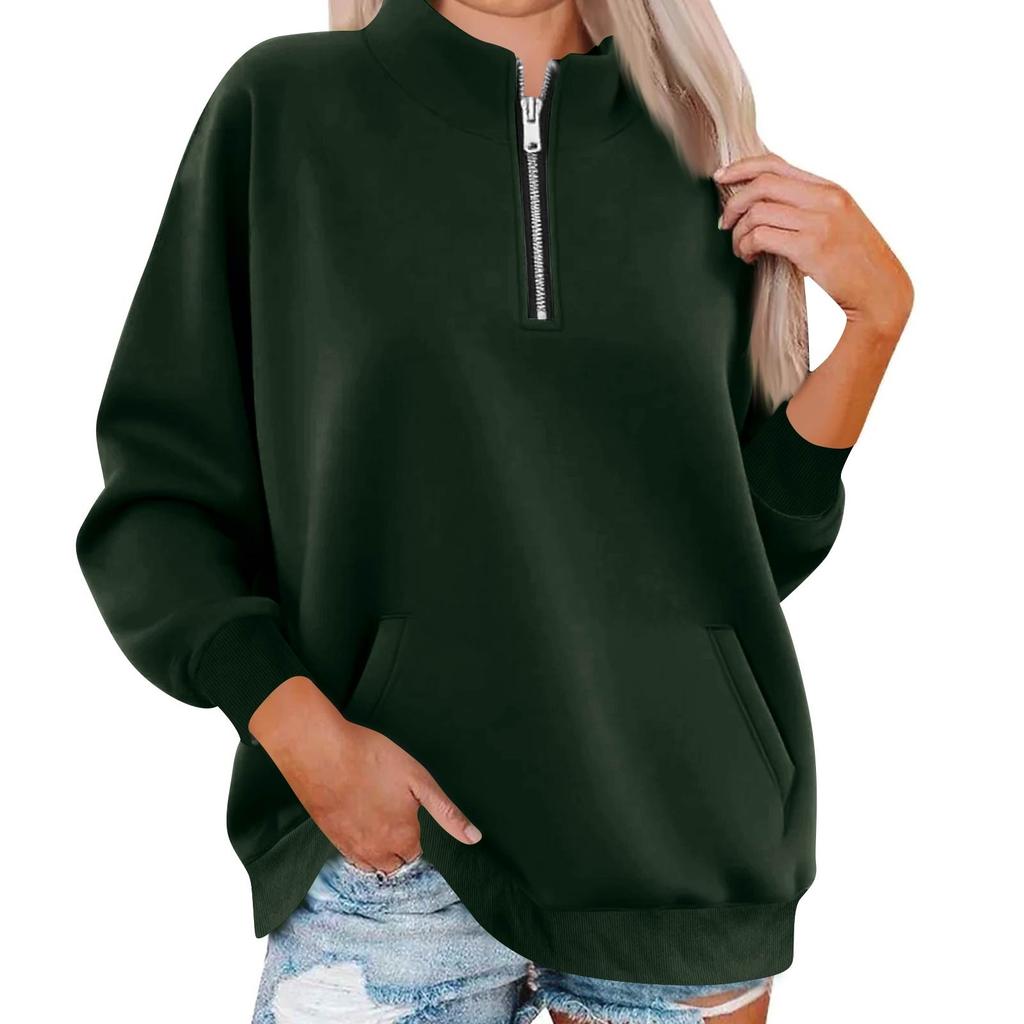 Women's Fashion Long Sleeve Loose Oversize Solid Color Half Zipper Neck Sweater Top With Pockets