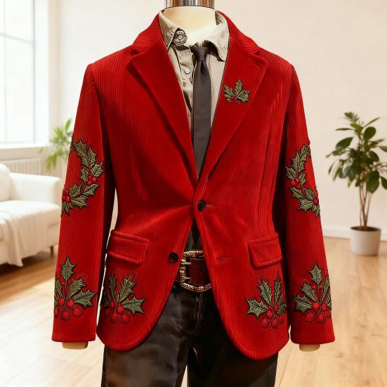 Men Corduroy Suit Coat Single-Breasted Suit Jacket Lapel Long Sleeve 3D Christmas Themed Print Slim Fit Suit Jacket Formal Stage Wear