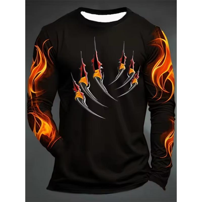 3D Printed Flame Scratch Pattern Autumn Men's Crew Neck T-Shirt Casual Long Sleeve Oversized Pullover Fashion Tops