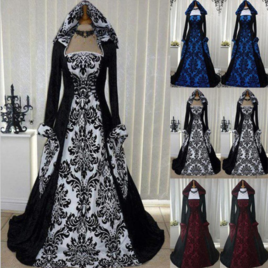 Women Vintage Retro Gothic Long Sleeve Hooded Dress Long Gown Dresses