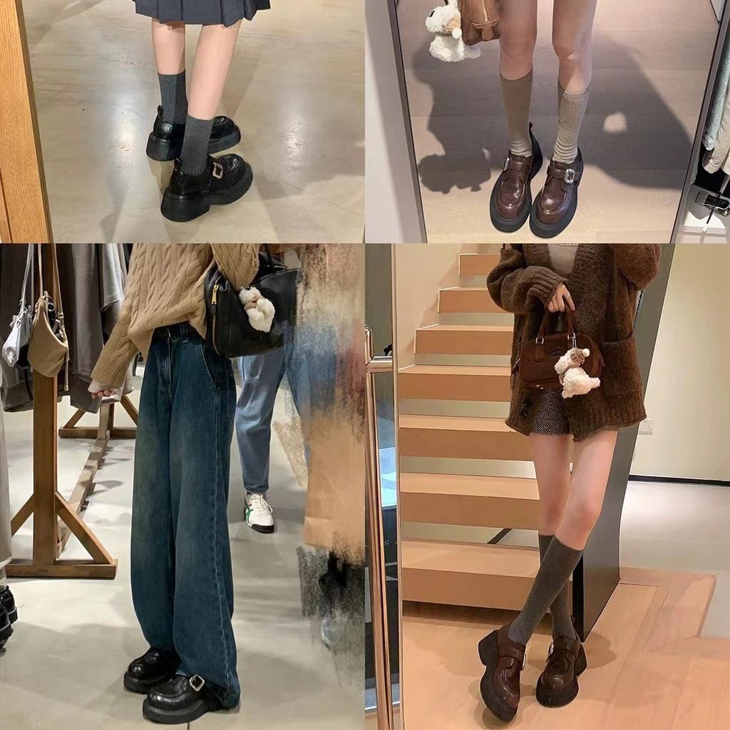 Cowhide Version Grape Mother Washed Horse Leather Round Head Buckle with British One-pedal Small Leather Shoes Women's Platform Heightening Loafers