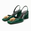 Retro Woman Green Block Heels Fall 2024 Chic Squared Toe Heeled Shoes Luxury Women High-Heeled Sandals Ladies Leather Shoes