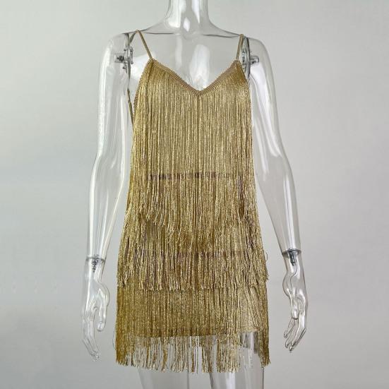 Women Prom Dress Shiny Tassel Fringe Spaghetti Strap Backless Sleeveless Slim Fit Sheath Low Cut V Neck Latin Dance Dress Club Wedding Mini Dress