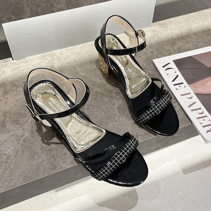 Rhinestone Sandals Med High Heels Female Shoe 2024 Women Buckle Strap Two Weare Medium High-heeled Girls New Block Fashion Bei