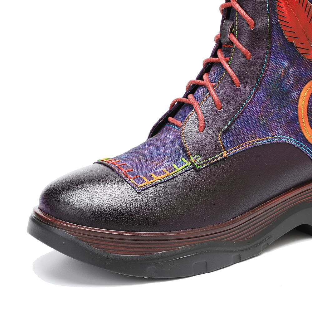 Johnature Genuine Leather Retro Shoes Women Boots Round Toe Floral Sewing Concise Handmade Ankle Platform Boots