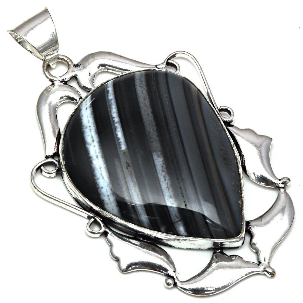 Pendant Grey Botswana Agate Gemstone Mother's Day Gift Silver Jewelry 2.5"