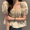 Women Summer Puff Sleeve French Sweet Square Neck Solid Color Pleated Blouse